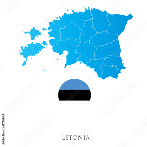 Map of Estonia with separate districts with flag aside.
