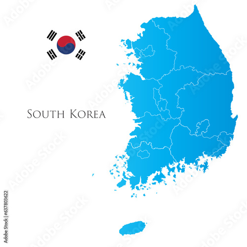Map of South Korea with separate districts with flag aside.