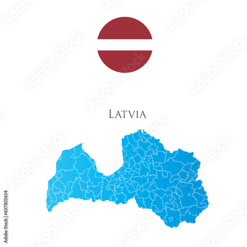 Map of Latvia with separate districts with flag aside.