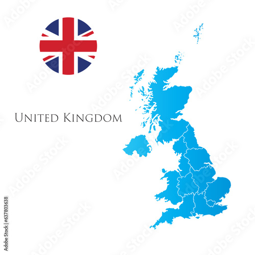 Map of United Kingdom with separate districts with flag aside.