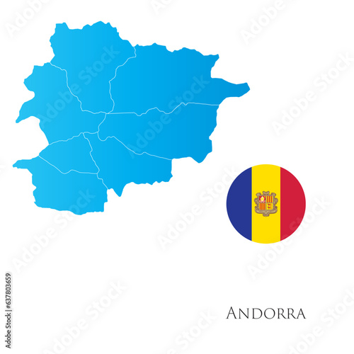Map of Andorra with separate districts with flag aside.