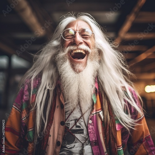 Senior with long white hair and beard having fun