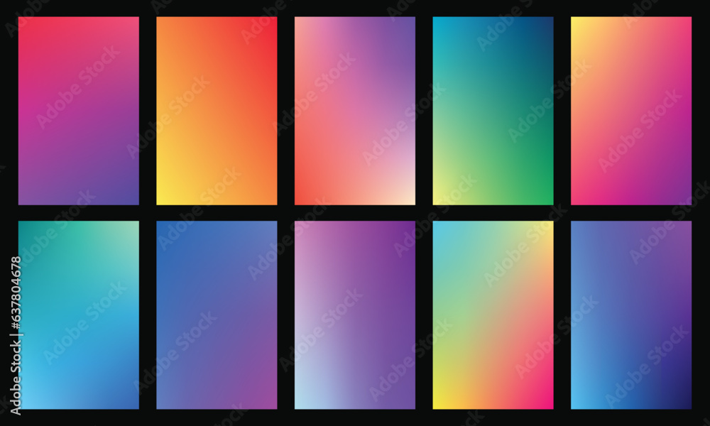 © Graito - Colorful vibrant gradient background template copy space set. Various color combination backdrop design. Smooth color gradation for screen, mobile apps, poster, or banner design.