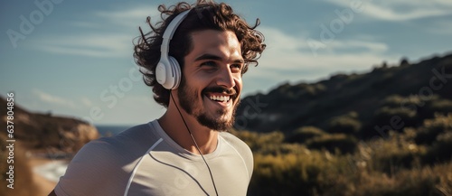 Fit happy man with headphones jogging in green park, listening to music. Full length photo.