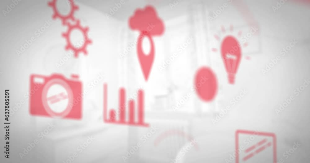 Animation of multiple red icons over abstract background Animation of multiple red icons over abstract background