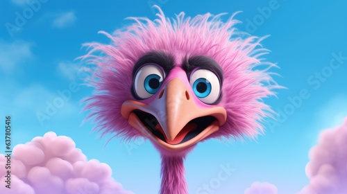 Cute 3D cartoon ostrich character.