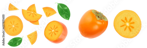 persimmon fruit isolated on white background. Top view. Flat lay pattern. Set or collection photo