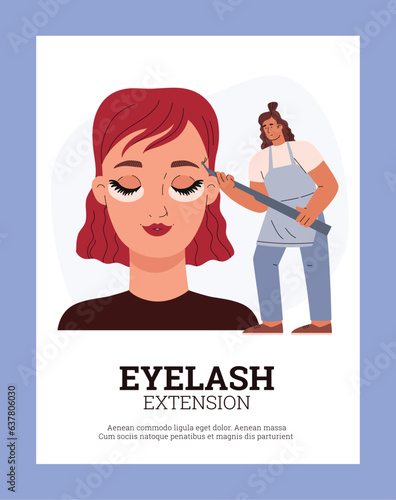 Eyelash extension cosmetologist advertising banner, flat vector illustration.