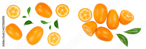 Cumquat or kumquat with half isolated on white background. Top view. Flat lay