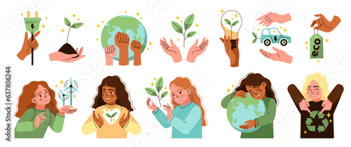 People save planet. Cartoon cute girls with green ecological symbols, hyman hands with environment elements, women hugging love earth. Ecology protection, nature activists, tidy vector set