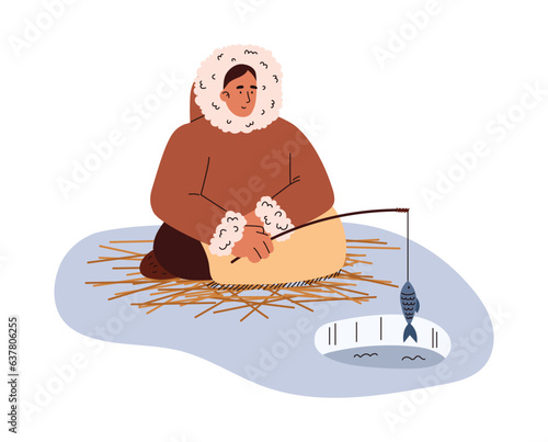 Eskimo sits on the ice and catches fish with fishing rod, north man gets food in arctic wild vector cartoon illustration