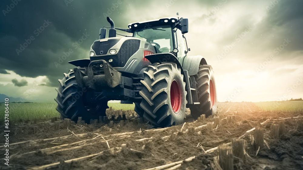 Obraz premium Agricultural tractor working in the field. Modern tractor in the field close-up. 