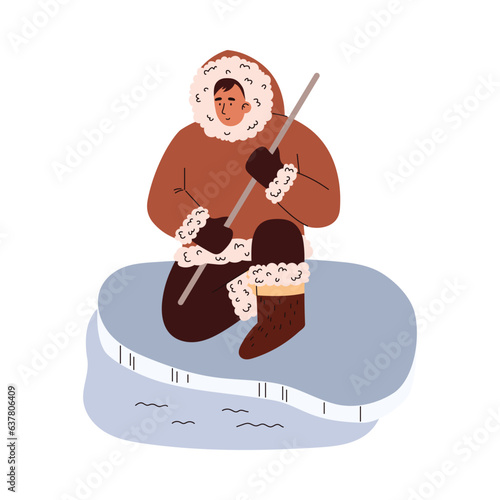 Eskimo sits on the ice and catches fish with fishing rod, north man gets food in arctic wild vector cartoon illustration