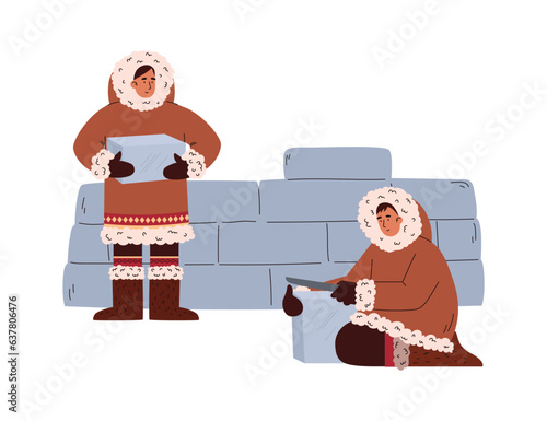 Eskimos building igloo ice dwelling, cartoon flat vector illustration isolated.