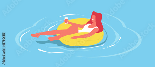 Relaxed young woman with cocktail in hand floats in pool on rubber inflatable lap. Summer vibes. Leisure time on vacations. Happy girl in water swimming, cartoon flat isolated vector concept