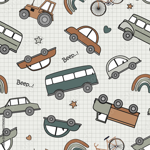 Cute hand-drawn cars, funny traffic jam. Baby pattern in scandinavian style. Seamless print with nice vehicle. Cartoon transport for nursery fabric, textile, wallpaper. Vector