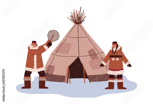Eskimos couple dancing near igloo hut flat vector illustration isolated.