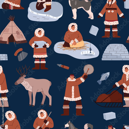 Seamless pattern with culture traditions at north pole, cartoon vector North Eskimos people, igloo, reindeer, fishing