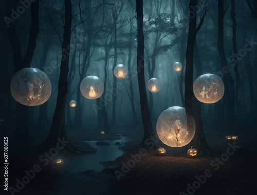 Ghostly orbs floating in a haunted forest at night.