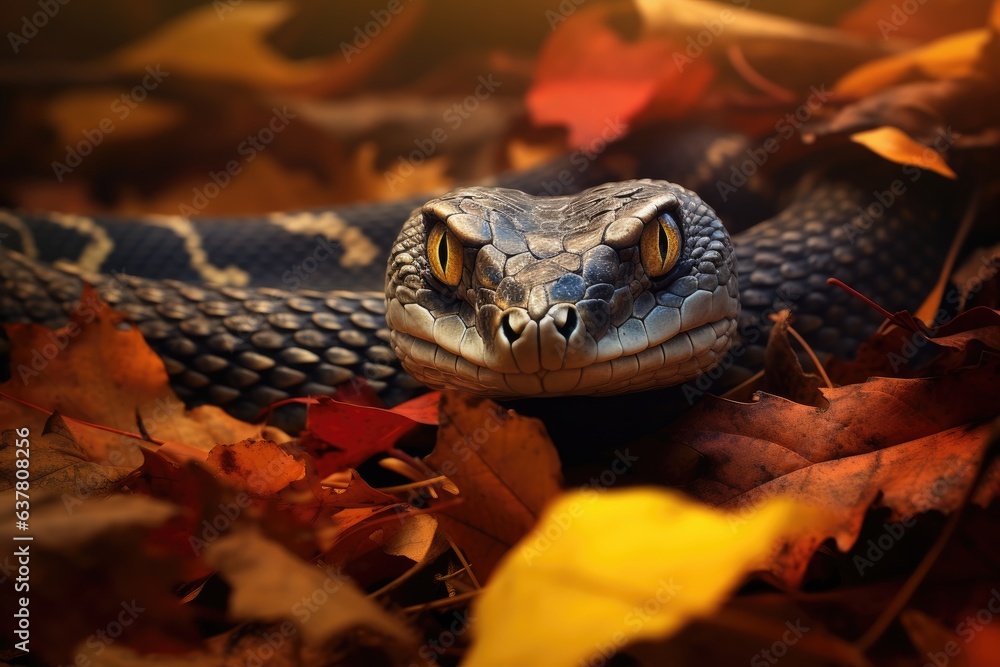 Fototapeta premium hog nosed snake slithering through fall leaves (Generative AI)