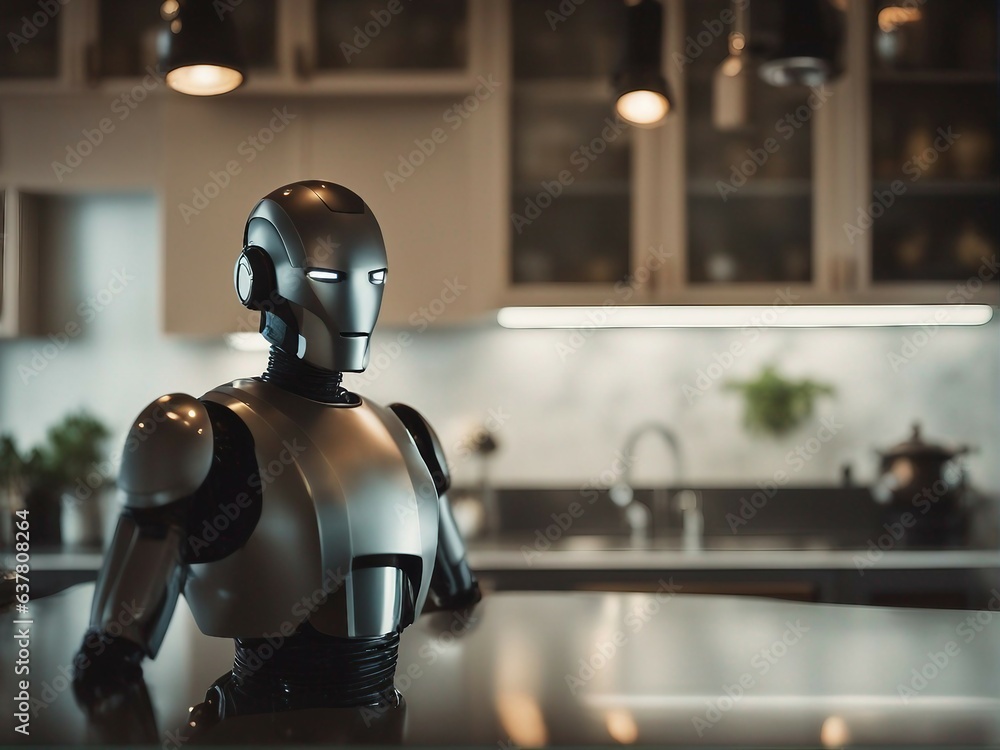 Humanoid Android standing in a kitchen Humanoid Android standing in a kitchen