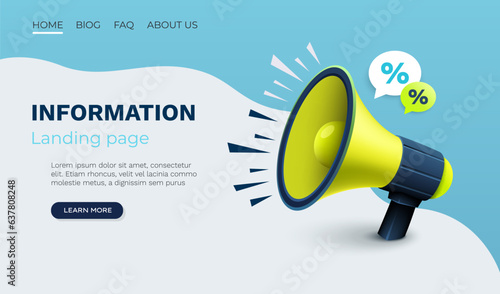 Megaphone landing page banner information, business communication. Vector