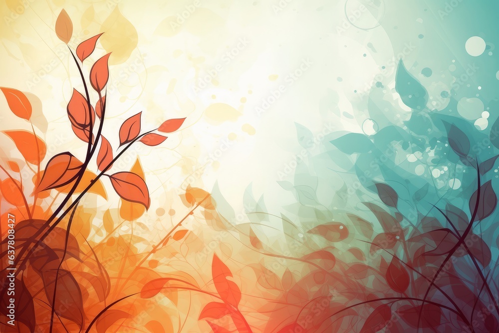 A vibrant painting depicting leaves against a colorful backdrop