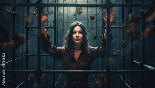 Fotografia A woman in a cage against a dark background.