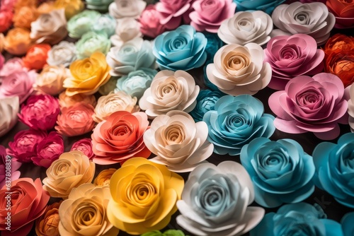 A vibrant stack of paper flowers
