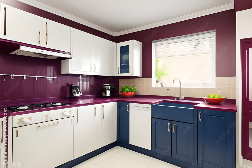 Fototapeta premium Luxury modern kitchen interior maroon and blue accents
