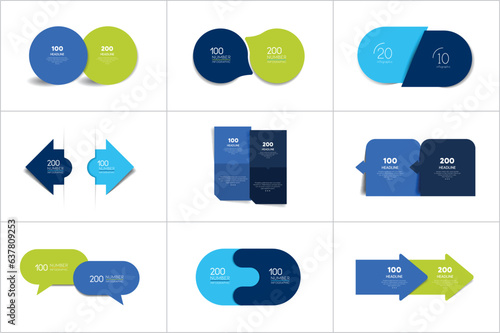 Mega set of two elements, steps chart, diagram, scheme. Circle, round design.