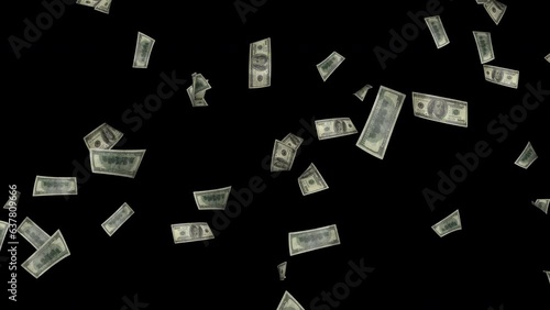 Moneys Falling from Above on a Black Background. Dollar bills are falling cyclically from top to bottom. (ID: 637809666)
