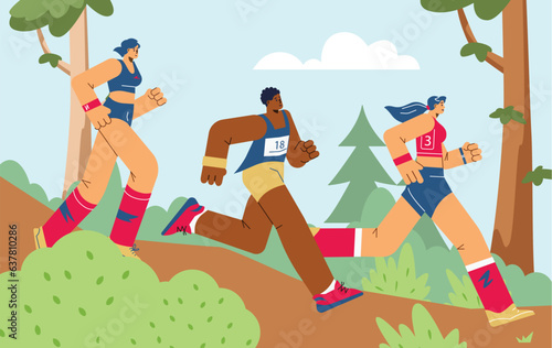 Group of women running marathon through park or forest, cartoon flat vector illustration.