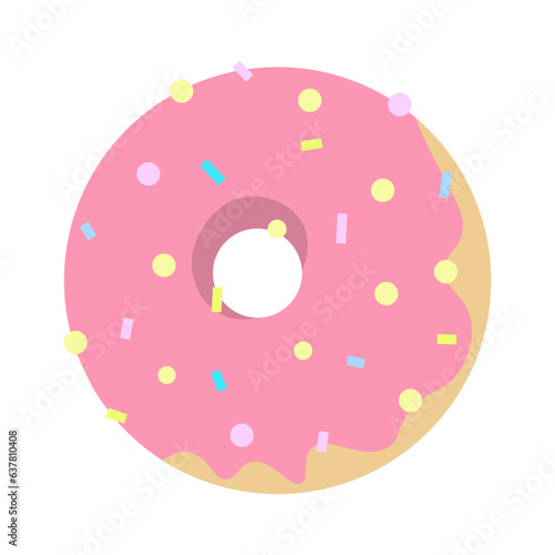 Sweet pink donut with glazed topping. Delicious doughnut food logo. Unhealthy kids party meal  