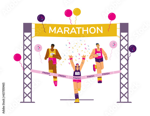 People marathon runners cross the finish line, Multinational Marathon race championship, vector sport cartoon characters