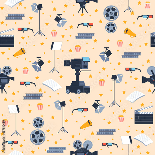 Seamless pattern with elements of movie industry. Filmmaking equipment, cameras and light. Television objects. Wallpaper or background design, cartoon flat style elements. Vector concept