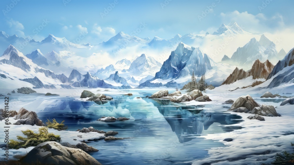 Snowy landscape with glaciers in arctic waters. Incredible scenery of snowy mountains and a clear blue lake. Generative AI