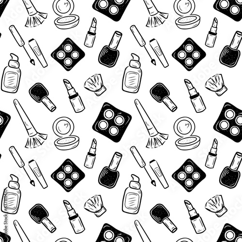 Seamless black and white pattern with cosmetics and accessories. Hand drawn vector cosmetic doodles