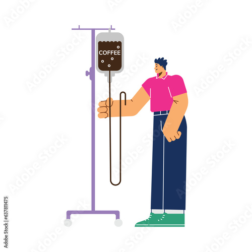 Happy young man holding dripper with coffee flat style, vector illustration