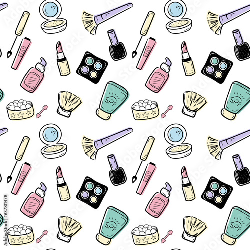 Seamless pattern with cosmetics and accessories. Hand drawn make up, cosmetic doodles, vector background