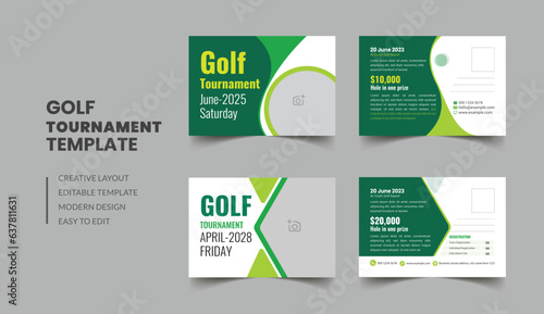 Golf tournament postcard template with sports club game event invite card design layout