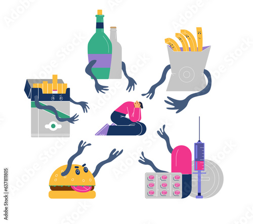 Addiction banner on overeating, drugs and alcohol addiction, vector illustration.