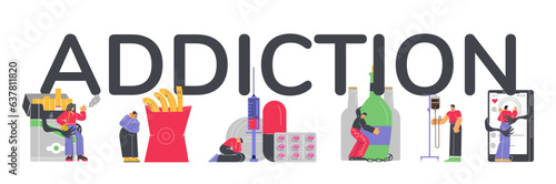 Addiction typographic header, flat vector illustration isolated on white background.