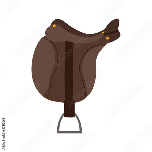 Cartoon style brown horse saddle. Leather riding seat. Western design element. Isolated on white.