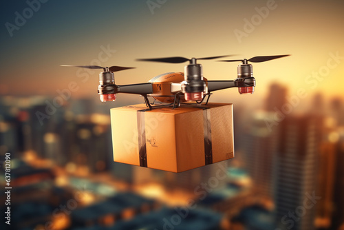 Technology delivery concept. Parcel delivery technology, cardboard box on delivery drone. Urban.