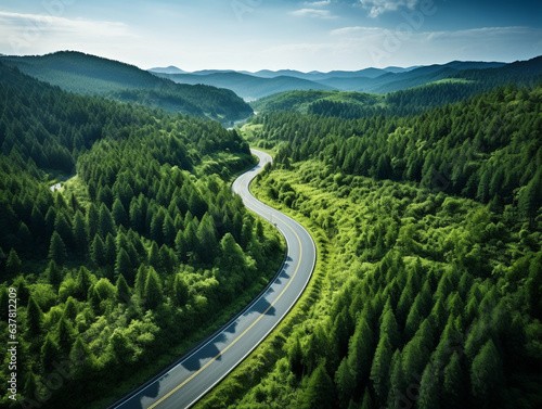 road to the mountains, Top view countryside path trough forest with car adventure. Aerial view green forest with curv road cutting through.
