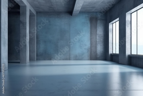 An empty room with concrete walls and large windows