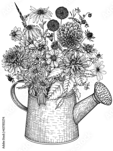 Vector illustration of an autumn bouquet in a watering can. Dahlia, cosmos, zinnia, marigold, calendula, rudbeckia, gladiolus, datura, eryngium, allium, chrysanthemum, lobelia in engraving style