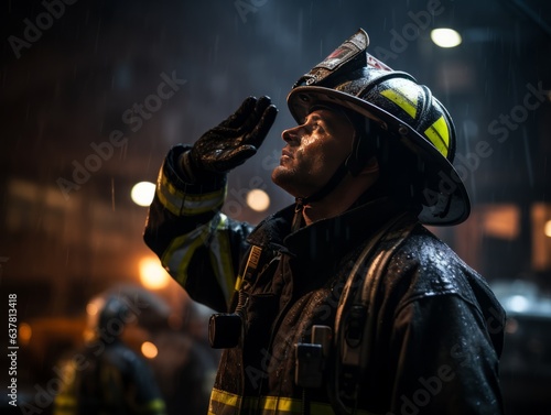 A firefighter's salute under the night sky, illuminated by city lights © Dawid