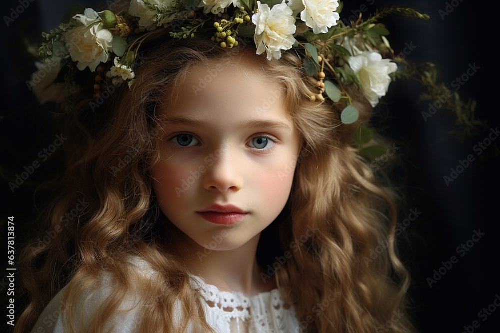 Portrait of a little girl with a flower crown on her head. AI Generative